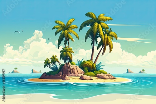 Island Paradise: Beach Landscape Cartoon Illustration with Ocean, a Tropical Isle of Palms and Sky. Generative AI