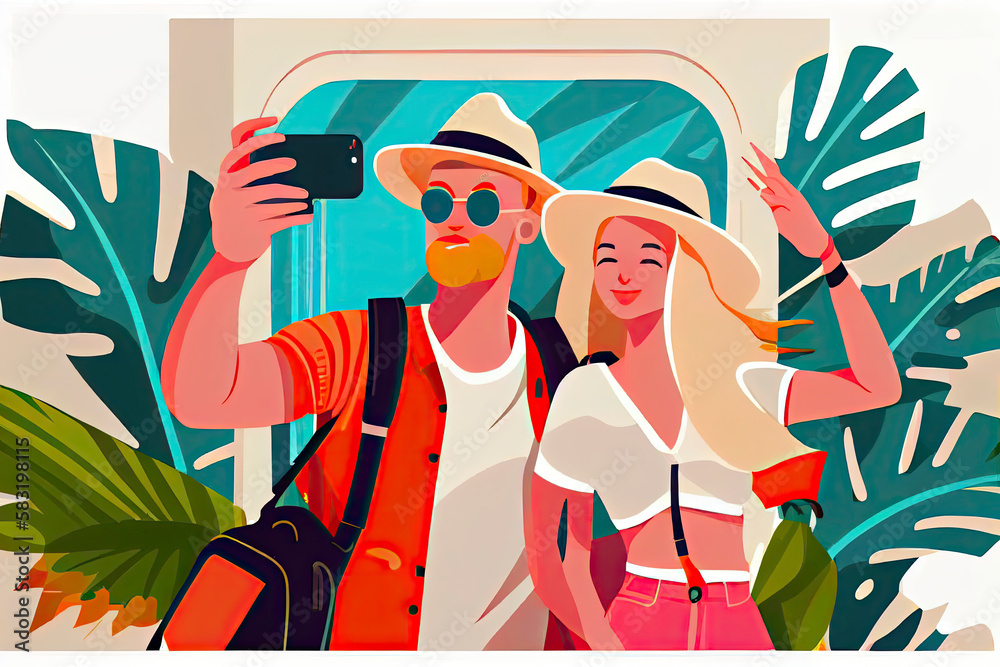 A tourist couple taking selfie photos together on phone. Man and woman going sightseeing on summer holiday
