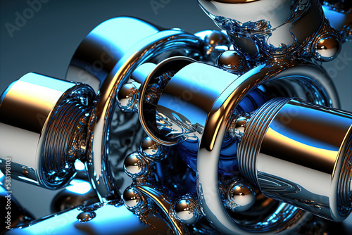 Abstract chrome pipes composition. Industry themed background with shiny metallic connected pipes. Generated AI. photo