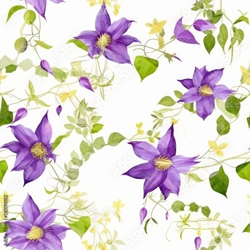 Seamless pattern with purple clematis flowers with lingering green stem. Made with Generative AI.
