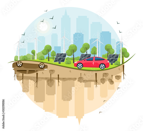 The concept comparison of renewable energy. The electric car, solar panels, and wind turbines are on the city landscapes background. Vector illustration of Climate change and environmental pollution.