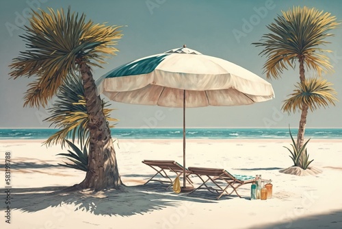 Deckchair with an umbrella on a tropical beach with palm trees near the sea or ocean for relaxation. AI generated. © Serhii