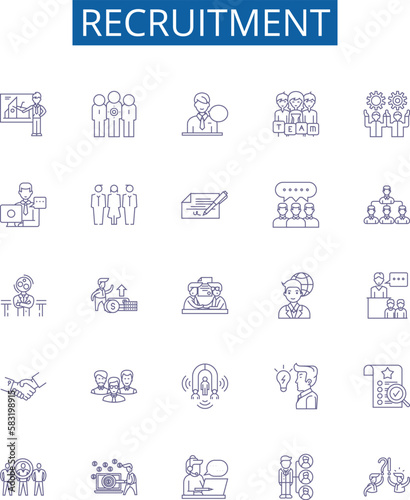 Recruitment line icons signs set. Design collection of Hiring, Appoint, Source, Staffing, Engage, Induct, Enlist, Acquire outline concept vector illustrations