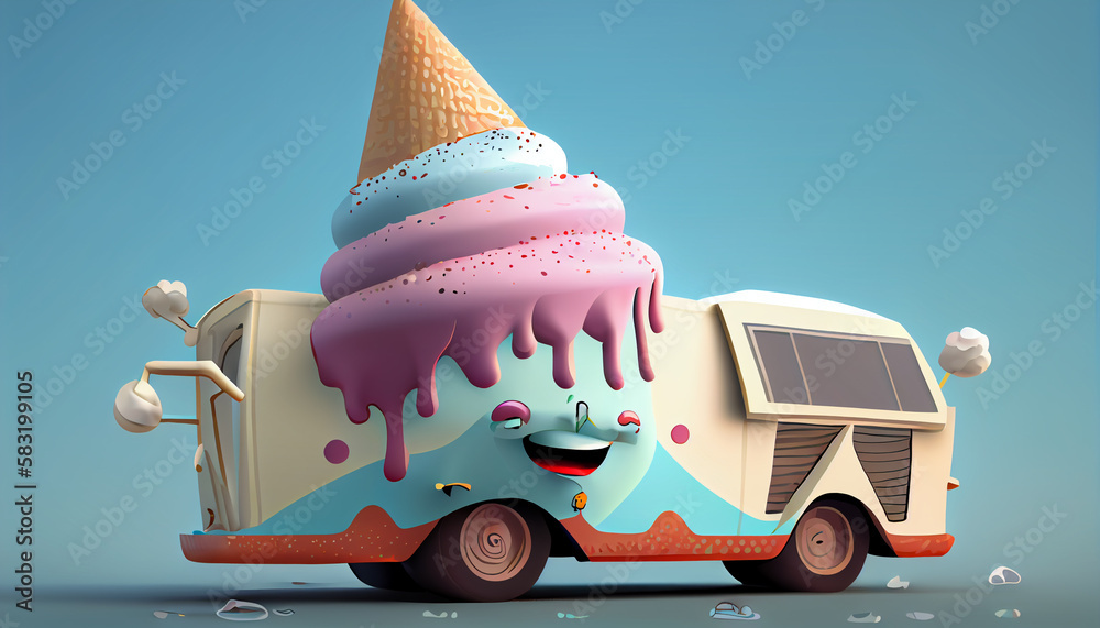Tasty sweet Ice cream truck, cartoon, vintage. AI generative content