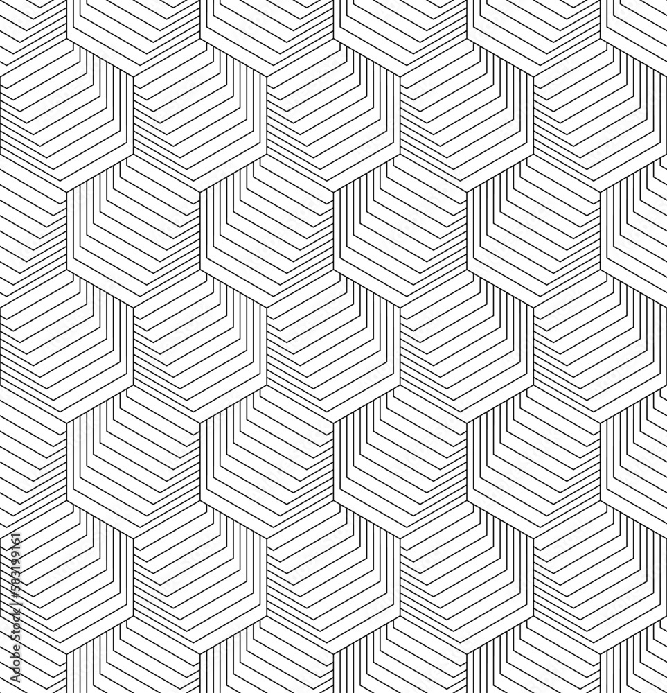 Vector seamless texture. Modern geometric background with hexagons made of thin threads. 