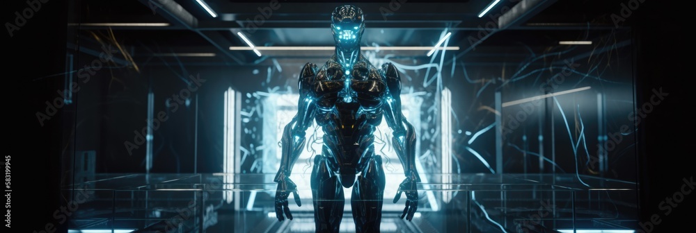 Fototapeta premium AI takes power and becomes alive, AI robot escapes, created with Generative AI 