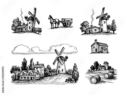 Rural scenery ink sketches.