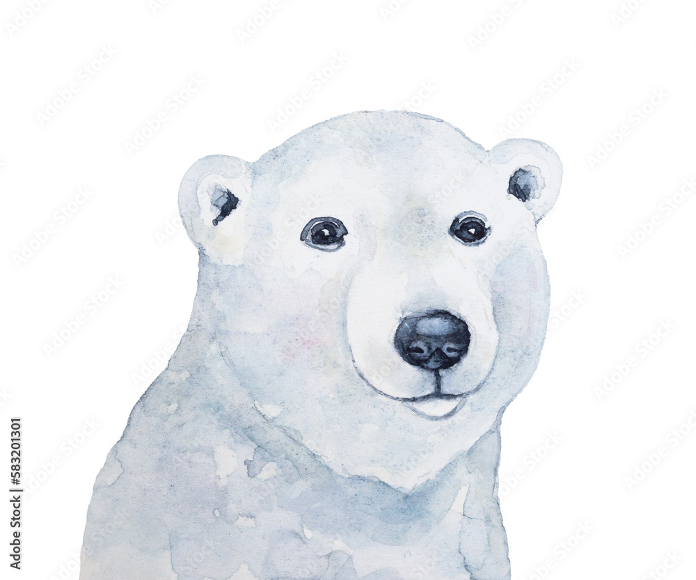 Water color illustration of cute little smiling polar bear cub. Symbol of Arctic, winter, independence, togetherness, family, peace. Hand painted watercolor sketchy drawing on white background.