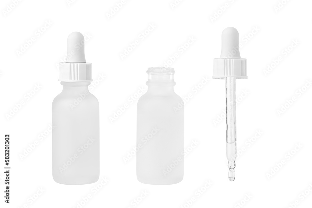 A set of cosmetic jars with a white pipette closed and open jars. Isolated on white background. Hyaluronic acid. Liquid. Gel, moisturizing