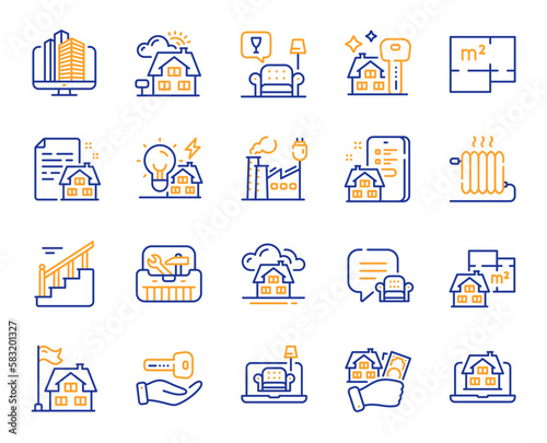 Buildings property line icons. Home floor plan, Apartment furniture and Real estate set. Factory building, city office and property mortgage line icons. New home, radiator and stairs. Vector