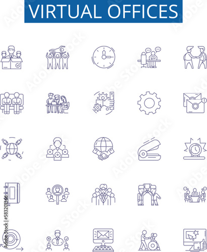 Virtual offices line icons signs set. Design collection of Virtual, Offices, Remote, Working, Home, Locations, Bridging, Gap outline concept vector illustrations