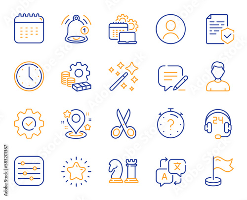 Business line icons. Language translate, Chess strategy and Notice alert set. Profile headshot, location place and annual calendar line icons. Avatar placeholder, business chess strategy. Vector