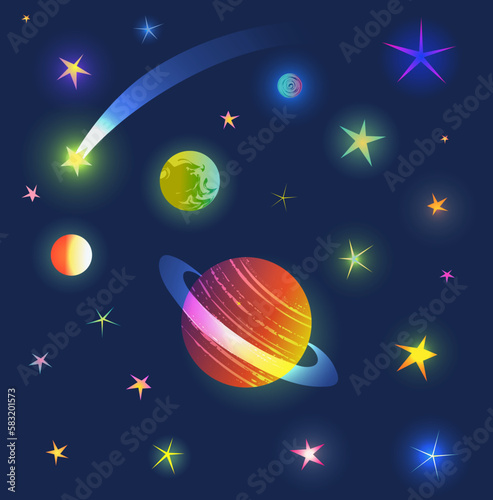 Imaginary stars and planets, cosmos elements design isolated for dark background. Shiny bright colorful illustration elements for kids galaxy design. Vector graphics for children cosmos design.