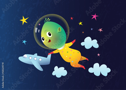 Little baby Alien or extraterrestrial playing with rocket or spacecraft in space. Cute alien on a starry background, cartoon illustration for children. Childish kindergarten fantasy vector graphic.