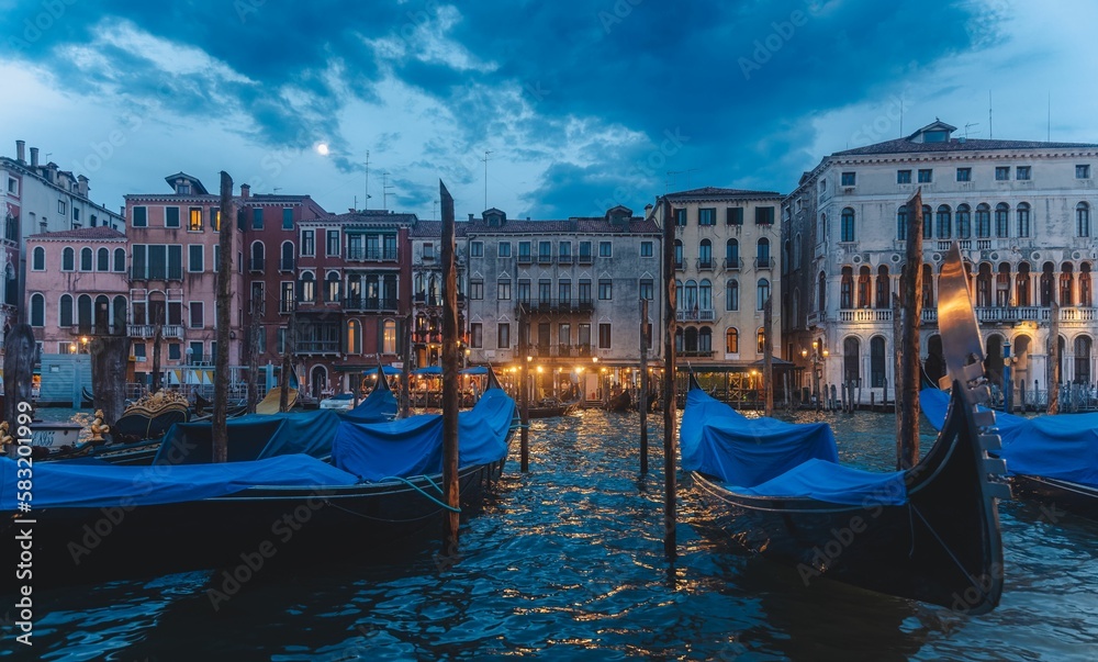 Evening view of the canal grande with gondolas