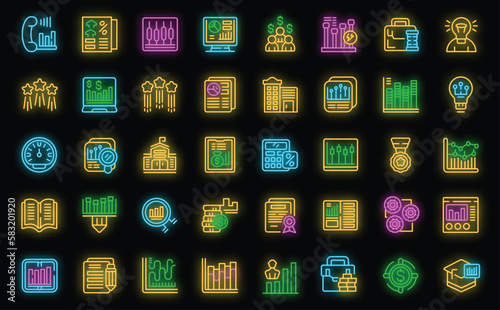 Trade school icons set outline vector. Money academy. Bank education neon color on black