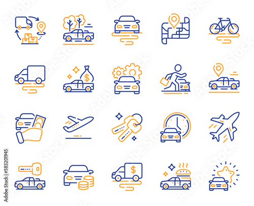 Transport line icons. Car vehicle, Flight plane and Mountain bike set. Supply chain, Car key and Travel map icons. Food delivery, pickup transport and rent a car. Vehicle road trip. Vector