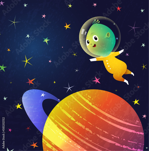 Baby Alien or extraterrestrial adventure in outer space . Cute alien on a starry background with red planet, fiction cartoon illustration for children. Childish fantasy vector graphic.