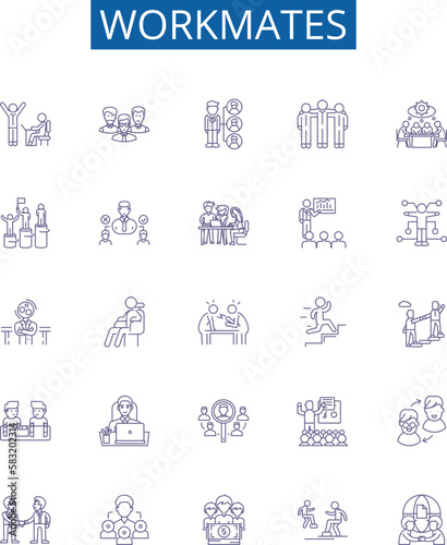 Workmates line icons signs set. Design collection of Colleagues, Co workers, Teammates, Allies, Partners, Associates, Friends, Comrades outline concept vector illustrations