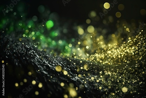 Abstract Glitter Dropping From aIr. Black Background, Green Golden And Black. Generative AI