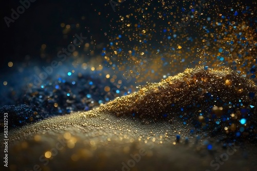 Abstract Glitter Dropping From aIr. Black Background, Bule Golden And Black. Generative AI © CREATIVE STOCK