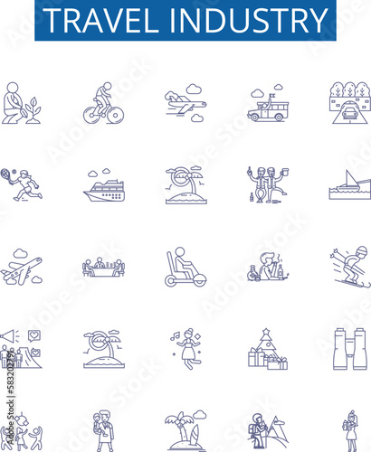 Travel industry line icons signs set. Design collection of Tourism, Voyage, Trip, Adventure, Airline, Cruise, Package, Resort outline concept vector illustrations