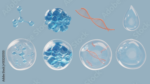 3D model and rendering cosmetic element set.Bubble,drop,atom,molecule and chromosome element object.osmetic element set.