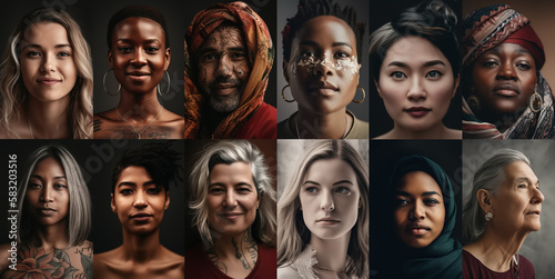 Headshot portraits of multi ethnic people of different age looking at camera, collage mosaic horizontal banner, illustration created with Generative AI technology