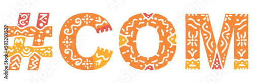COM Hashtag. Isolated text with national ethnic ornament. Patterned Popular Hashtag #COM for social network, web resources, mobile app, games, clothing, t-shirt, banner, adv. Stock vector image
