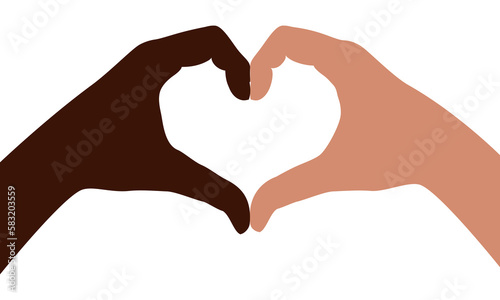 Gesture of the two hand with different color skin folded as heart. Hands folded in the shape of a heart  sign isolated on white background. Symbol racial equality and diversity. Vector illustration