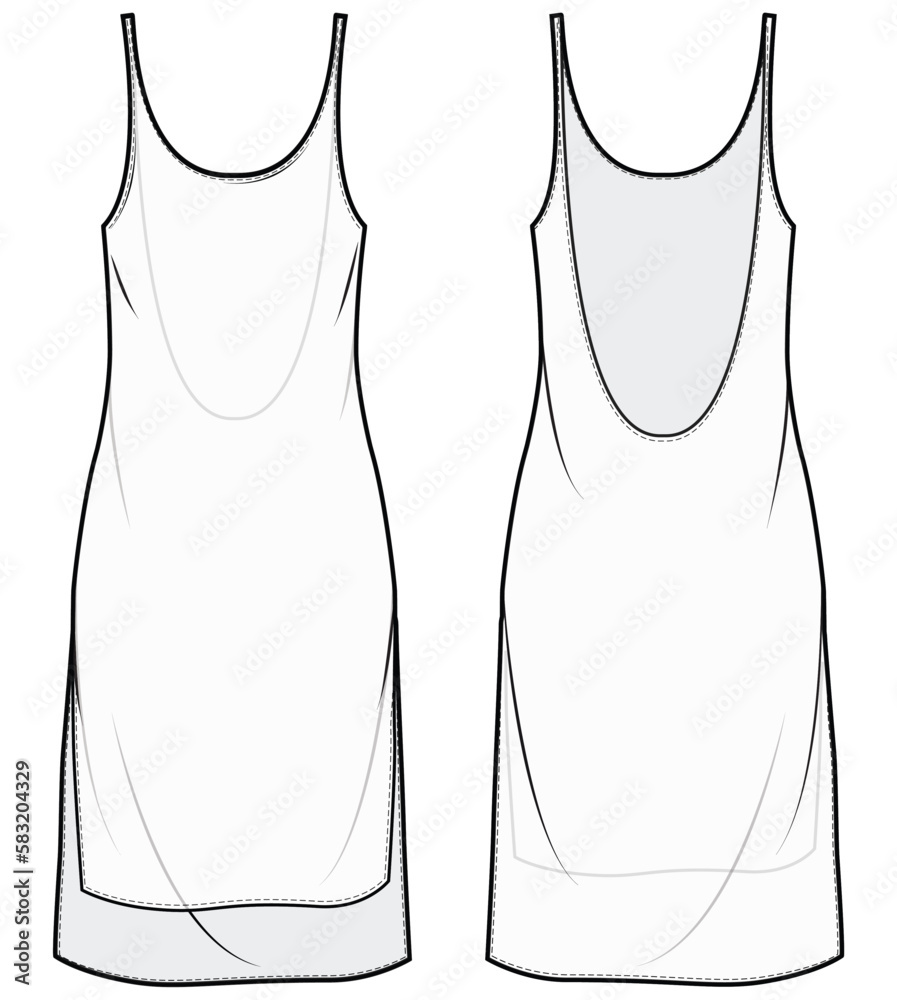 Sleeveless Satin Slip dress design flat sketch fashion illustration