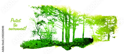 Silhouette green trees in the forest. Protection of nature abstraction. Vector illustration
