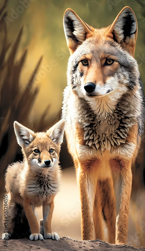 coyote and baby coyote. Generative AI