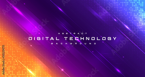 Digital technology banner purple orange background concept, cyber technology, abstract hi-tech, innovation future data, internet network, Ai big data, lines dots connection, illustration vector
