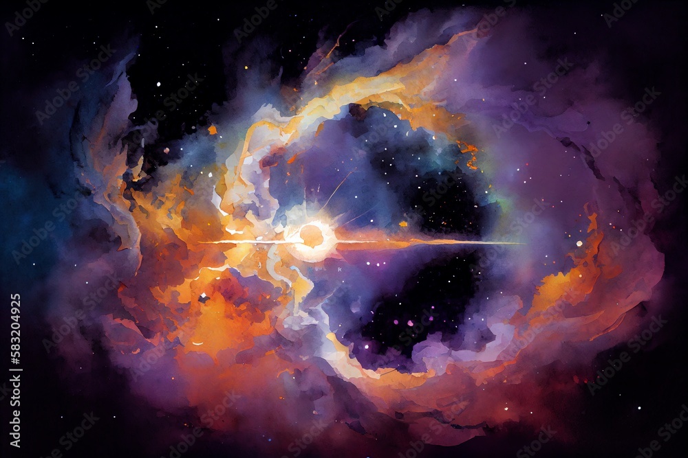 Watercolor Illustration of a Birth Of A Star In Space During A Nebula ...