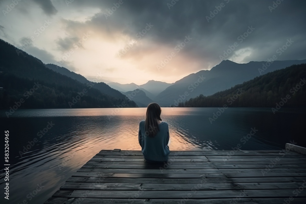 a woman sitting on a dock looking out at the water at sunset or sunrise ...