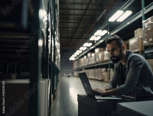 Wallpaper Mural Young handsome Caucasian male warehouse worker using laptop while working in warehouse. This is a freight transportation and distribution warehouse. Generative AI Torontodigital.ca