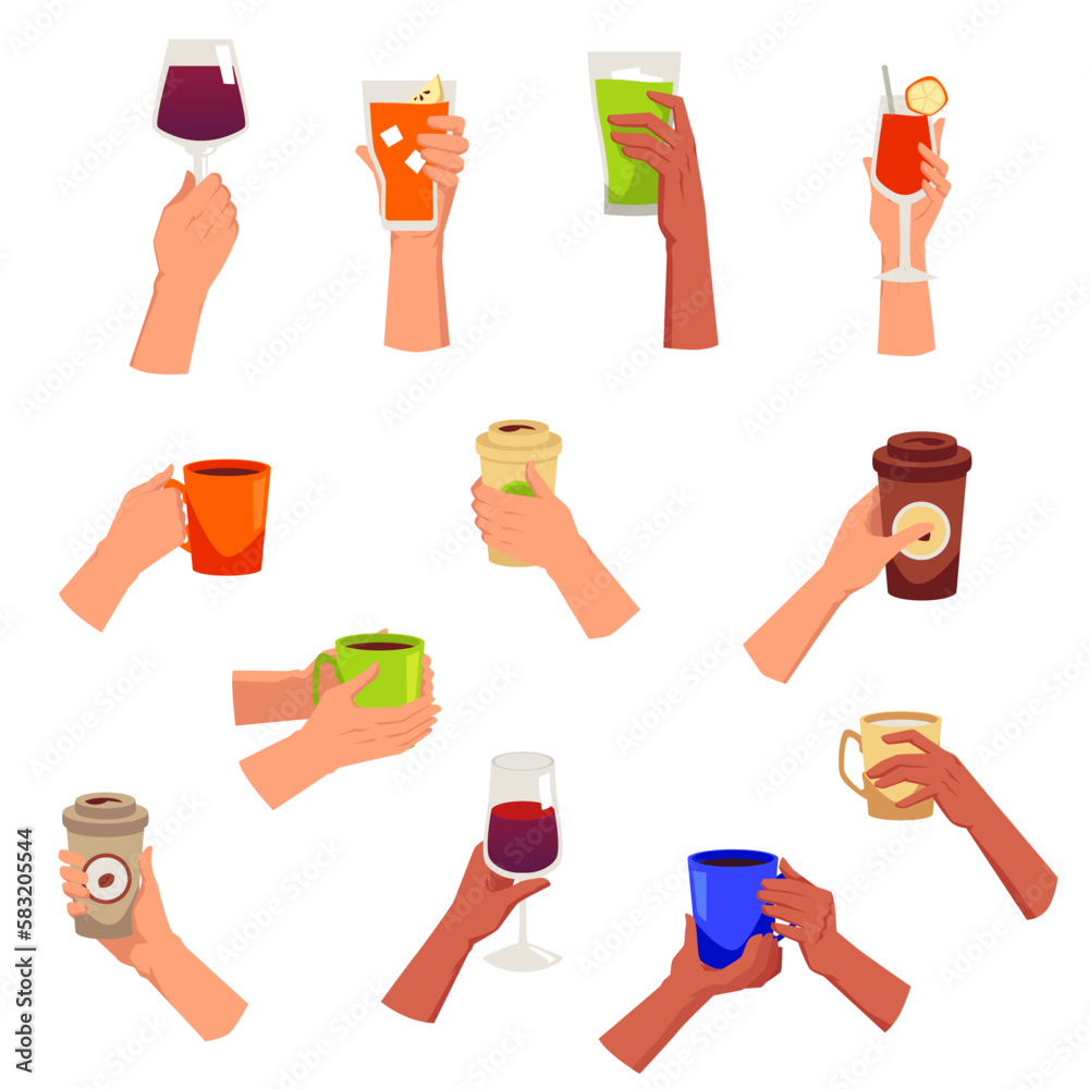 Hands with different hot, alcoholic and refreshing drinks, flat vector isolated.
