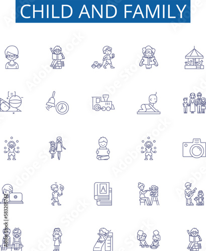 Child and family line icons signs set. Design collection of Child, Family, childhood, parenting, upbringing, nurture, young, parenting skills outline concept vector illustrations