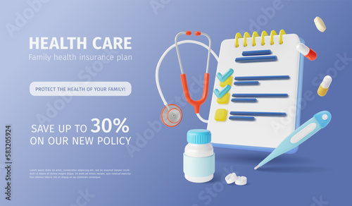 3d Health Care Family Insurance Policy Ads Banner Concept Poster Card Plasticine Cartoon Style. Vector illustration