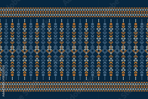 Ethnic geometric fabric pattern Cross Stitch.Ikat embroidery Ethnic oriental Pixel pattern navy blue background. Abstract,vector,illustration.For texture,clothing,wrapping,decoration,carpet.