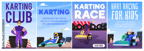 Posters or flyers for karting club and kart races, flat vector illustration.
