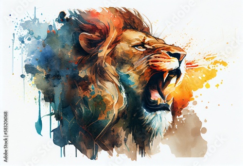 Watercolor Illustration of a In The Face Of A Beast In The Form Of An Imposing Lion Opening Its Mouth Illustration. Generative AI