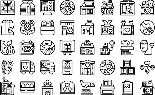 Humanitarian aid icons set outline vector. Donate box. Care food