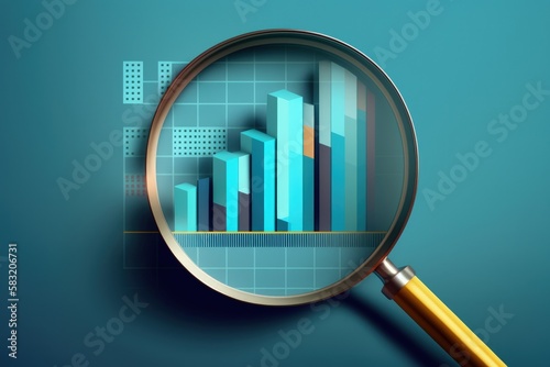 Magnifying glass and bar chart illustration, stock exchange concept, blue background. Generative AI photo