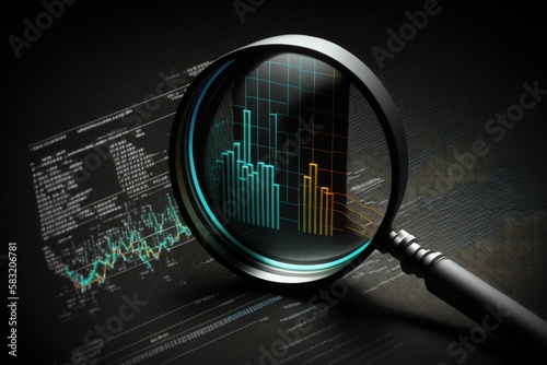 Magnifying glass and bar chart illustration, stock exchange concept, black background. Generative AI