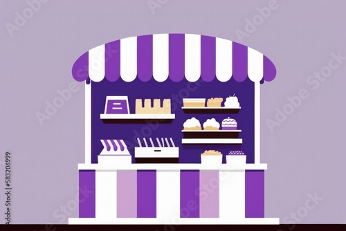 Shop illustration with purple and white awning, purple background, sales concept. Generative AI