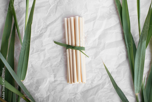 Eco friendly reusable drinking bamboo straws on the paper background