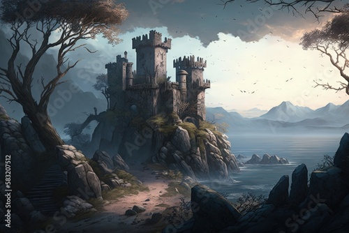 Medieval castle illustration on a hill  fantasy concept  anime style. Generative AI