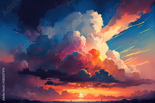 Watercolor Illustration of a Stunning Beautiful Sunset And Cloud Formation. Generative AI